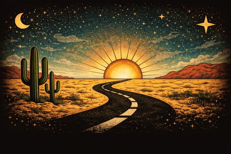 Illustration of a road winding through the desert toward a setting sun