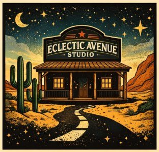 Illustration of the Eclectic Avenue Studio storefront in a desert at night